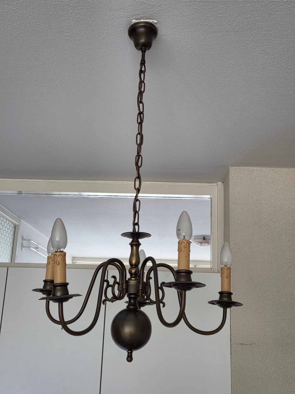 Antieke bronzen kroonluchter met 5 armen, Ophalen, Gebruikt, Klassiek, Antiek, E14 (klein)