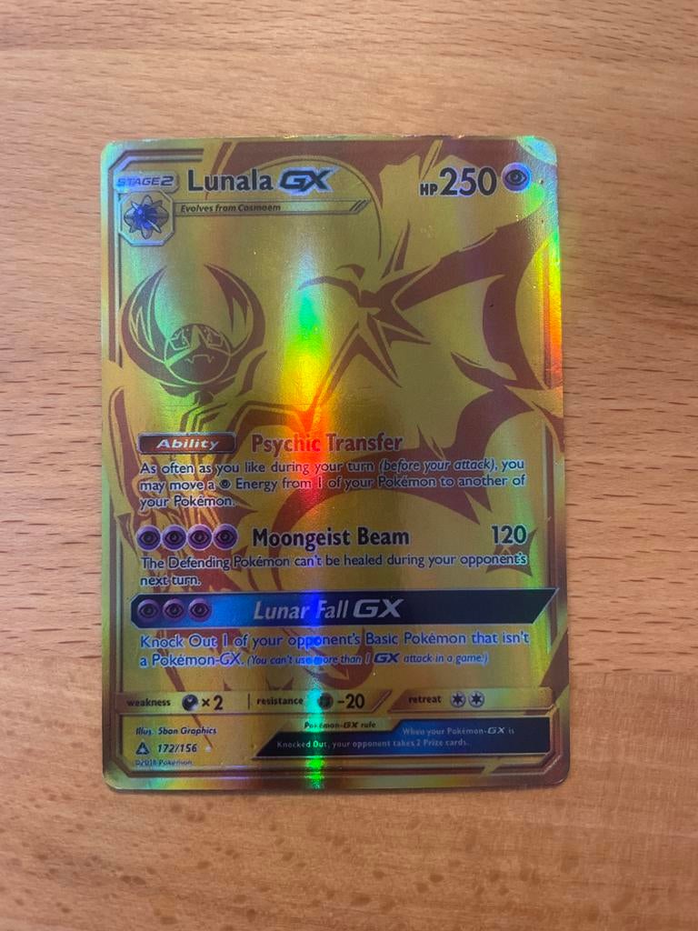 Lunala GX 172/156 - Gold Secret Rare - Ultra Prism, Hobby en Vrije tijd, Verzamelkaartspellen | Pokémon, Ophalen of Verzenden