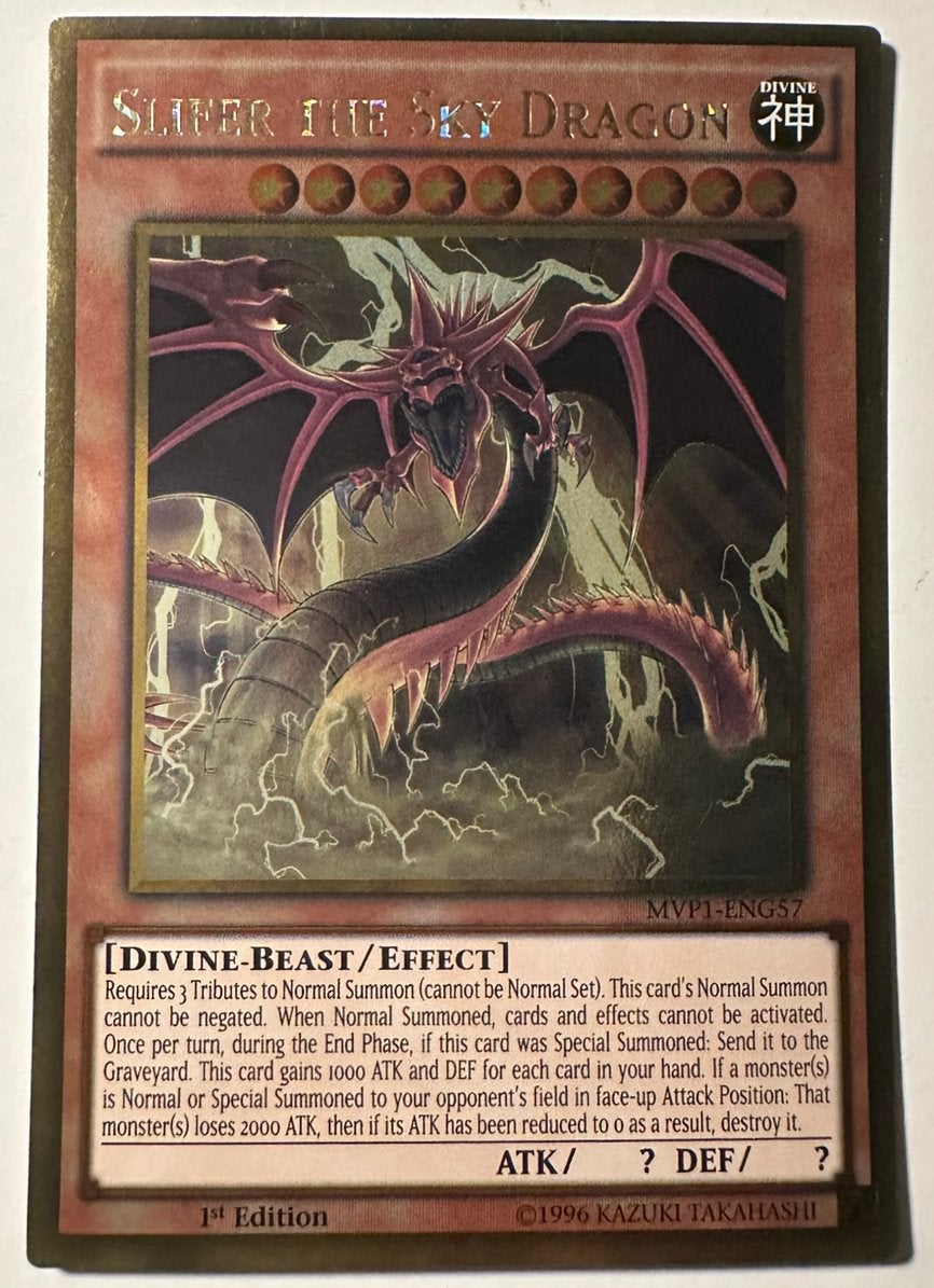Yu-Gi-Oh! Slifer the Sky Dragon MVP1 1st Edition !, Ophalen of Verzenden, Gebruikt, Losse kaart, Foil