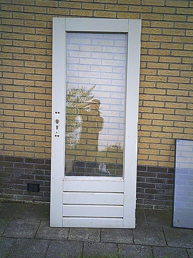 hardhouten buitendeur 82.5 x 198.5  dubbelglas, Ophalen, Gebruikt, Buitendeur, 200 tot 215 cm