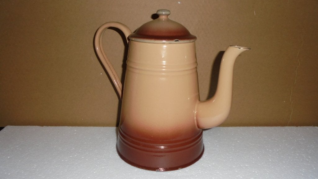 beige/bruin emaille koffiekan H23cm, Ophalen