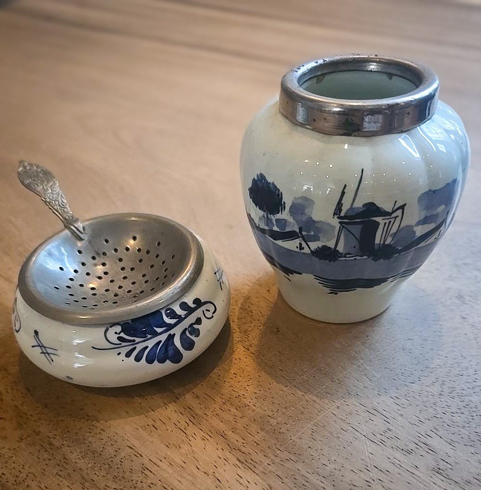 Delfts Blauw Holland vintage theezeefje met bakje en sierpot, Ophalen of Verzenden