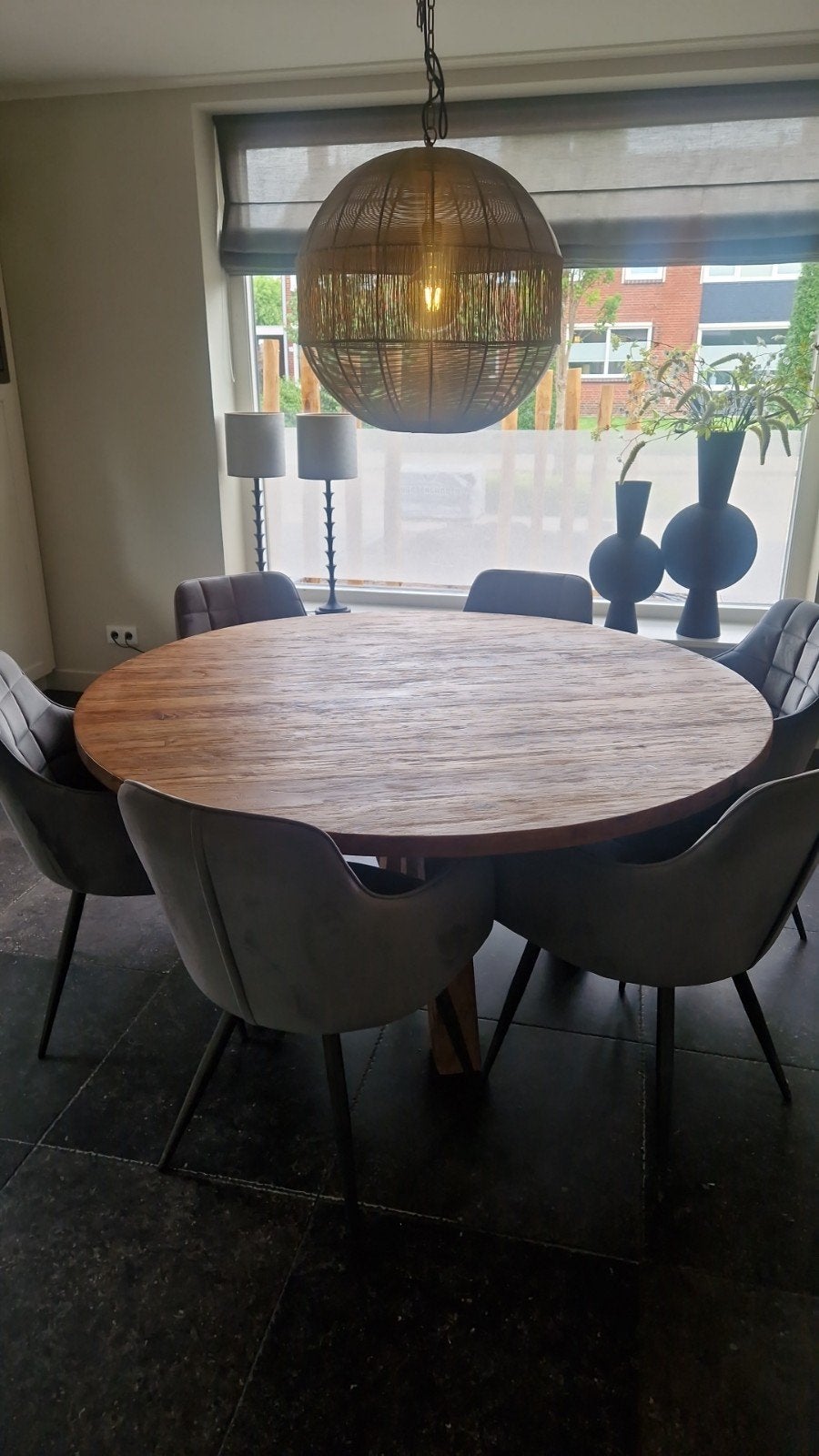 Robuuste ronde teakhouten eettafel 160 cm - Kotter Living, Ophalen, Gebruikt, Landelijk, Robuust, 150 tot 200 cm