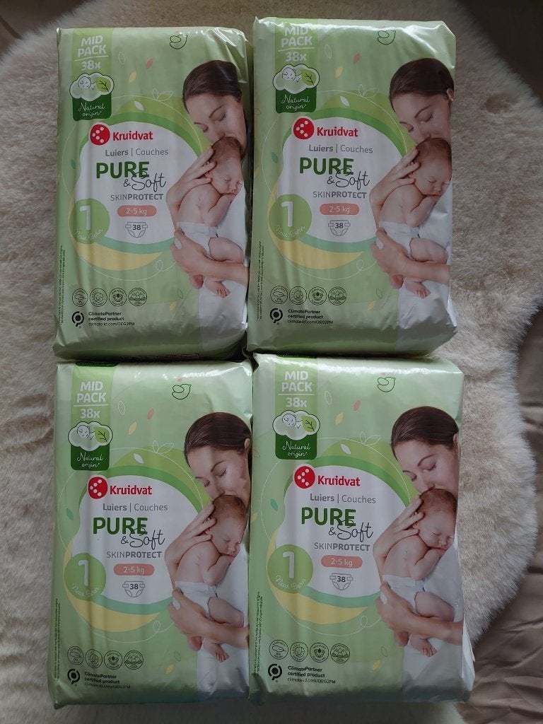 4 pakken luiers à 38 stuks Pure&Soft maat 1, Ophalen, Nieuw