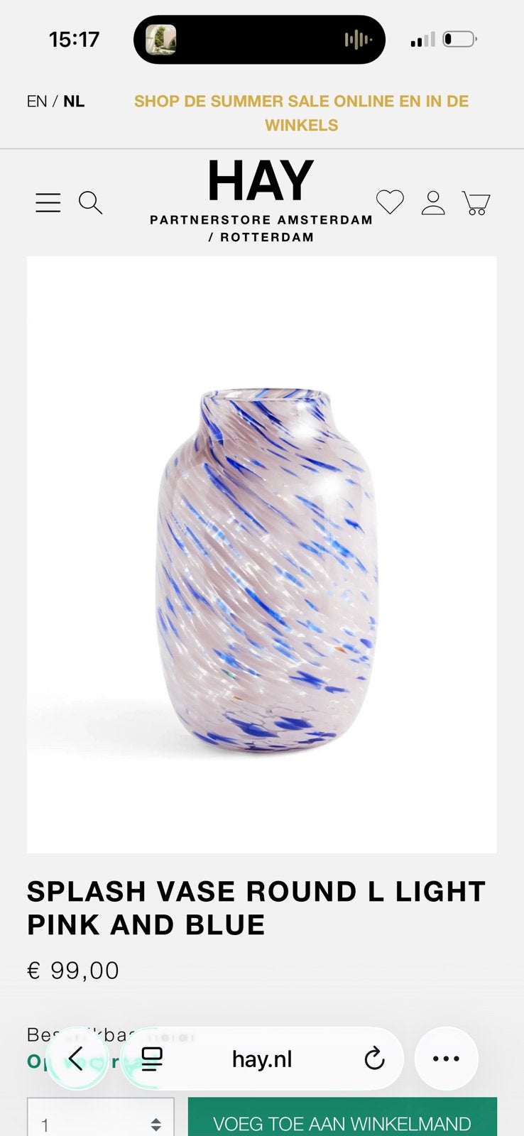 HAY Splash Vaas Rond Groot - Blauw/Roze Marmer, Ophalen of Verzenden, Nieuw, Meerkleurig, Glas