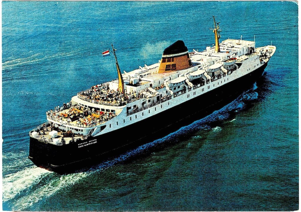 2 x m.s.koningin juliana van de lijn h. van holland-harwich, Verzenden, Gebruikt, Motorboot, Kaart, Foto of Prent