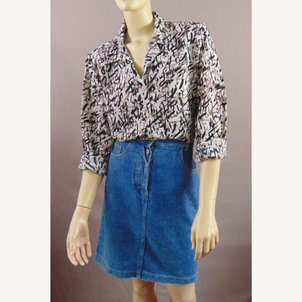 Vintage crème blouse alloverprint maat M, Maat 38/40 (M), Verzenden, Beige, Zo goed als nieuw