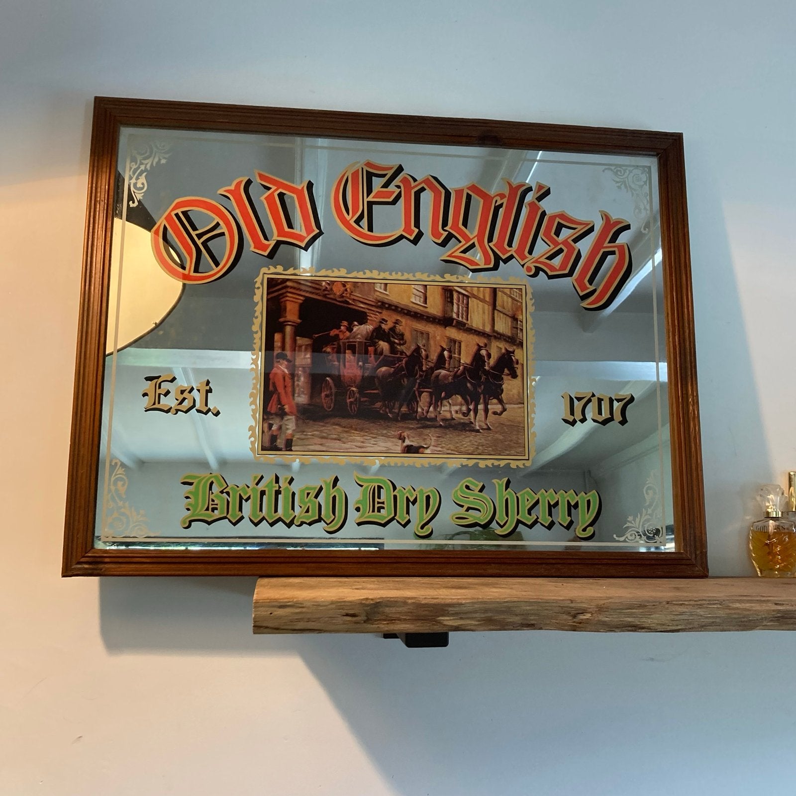 Vintage Wandspiegel 'Old English British Dry Sherry' 65x50 c, Antiek en Kunst, Ophalen of Verzenden, Rechthoekig, 50 tot 100 cm