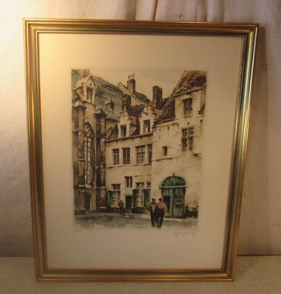 Mooie Oude Ets 'Mensen in de Stad' - Roger Hebbelinck, Antiek en Kunst, Kunst | Etsen en Gravures, Ophalen of Verzenden, Stadsgezicht