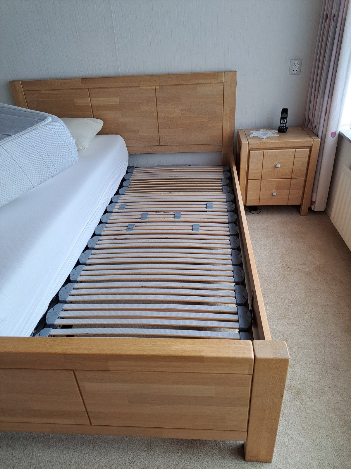 2x Mline matrassen + lattenbodem + beuken ombouw+ dekbed wol, Ophalen, Gebruikt, Tweepersoons, 160 cm
