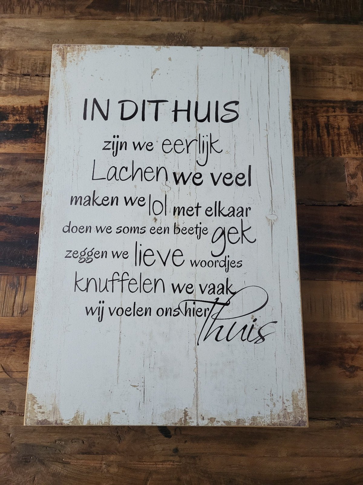 Houten wanddecoratie 'In dit huis', Ophalen, Zo goed als nieuw, Wit, Vintage