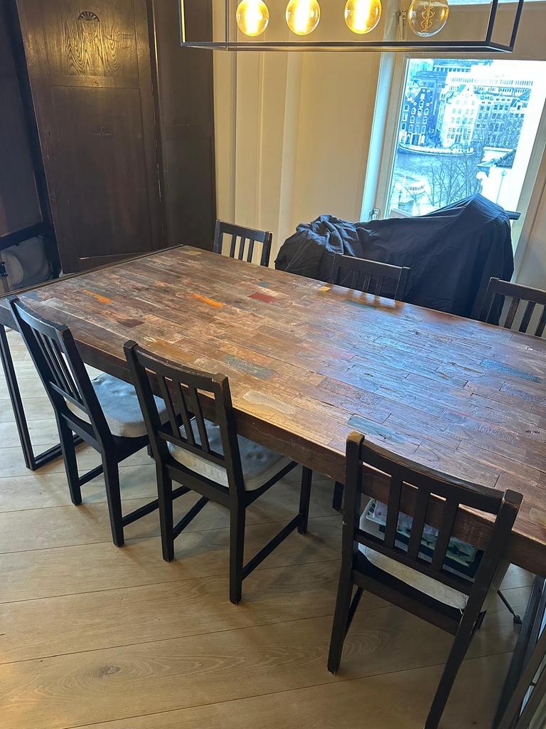 Eettafel indonesisch hout, 200 cm of meer, Zo goed als nieuw, Rechthoekig, 50 tot 100 cm