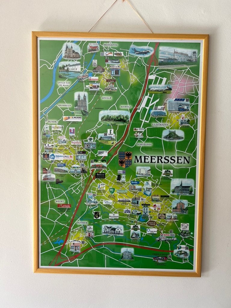 Ingelijste plattegrond Meerssen met bezienswaardigheden, Ophalen, Zo goed als nieuw, Foto of Poster, 75 – 100