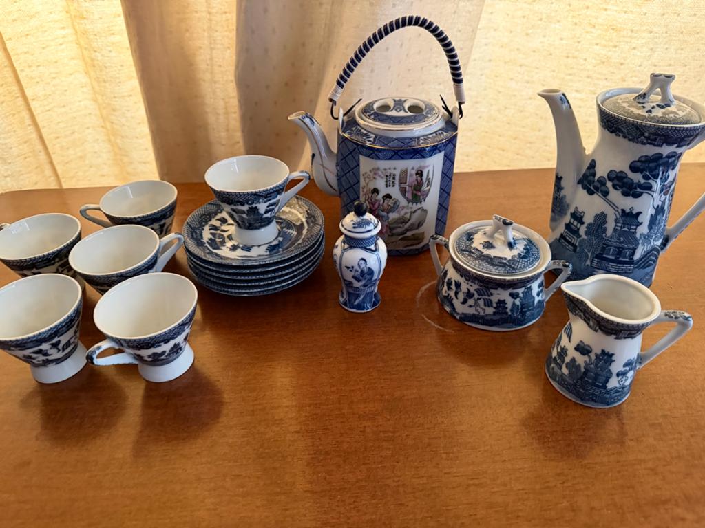 Vintage Chinees Porseleinen Theeservies - Blauw/Wit, Ophalen