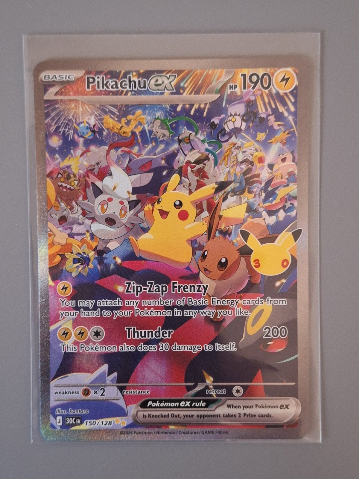 150 Pikachu EX van Pokémon 30th Celebration, Ophalen of Verzenden, Zo goed als nieuw, Losse kaart
