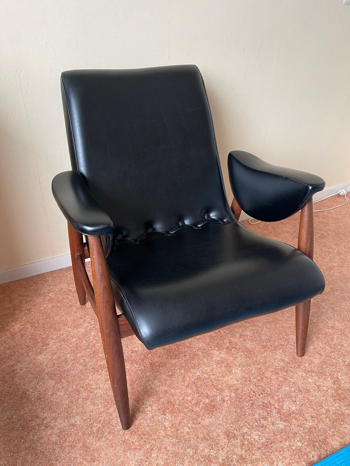 Vintage design fauteuils, zwart skai en teakhout, Antiek en Kunst, Ophalen