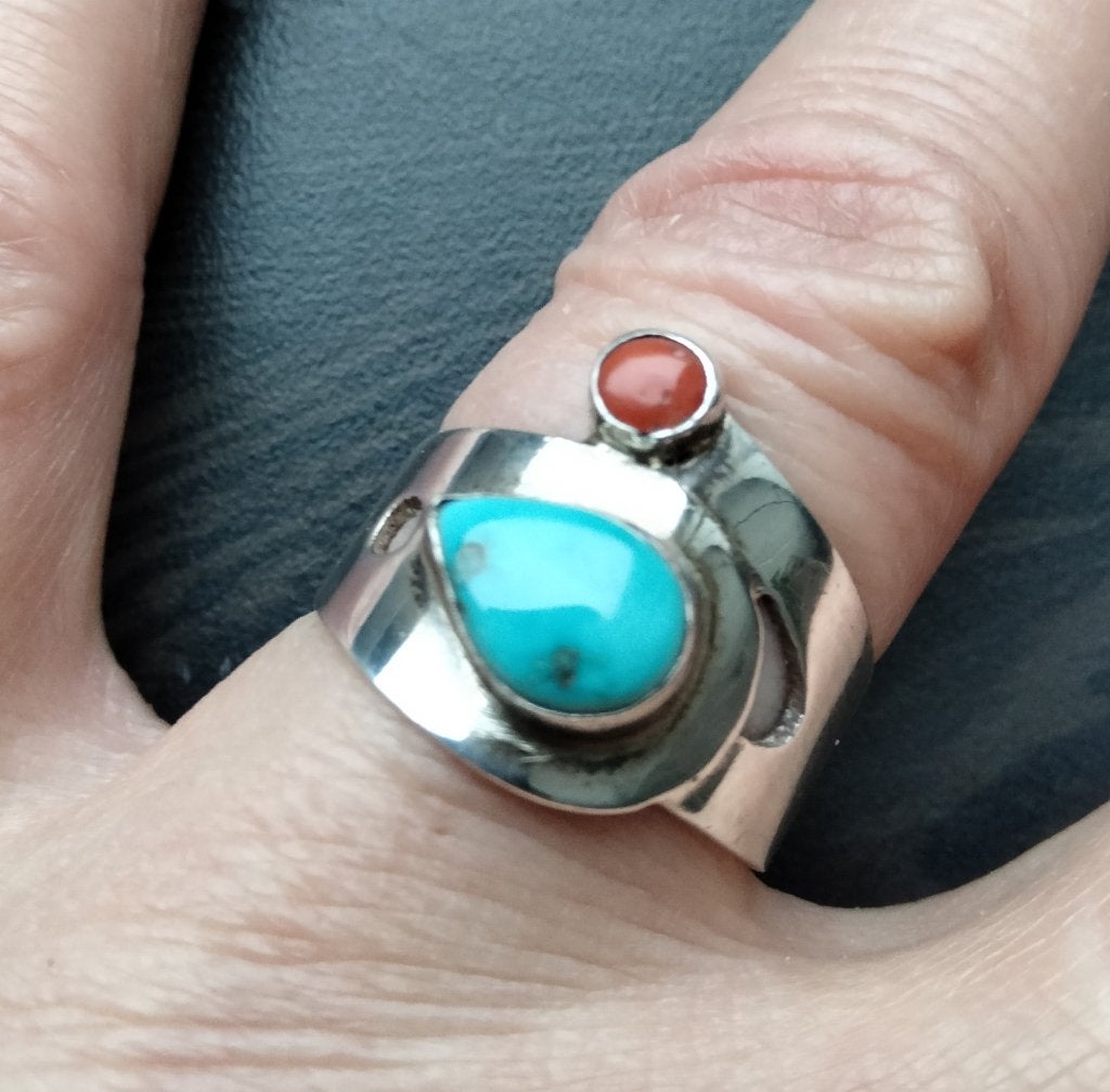 Turquoise koraal ring maat 18,75, 18 tot 19, Nieuw, Dame, Zilver