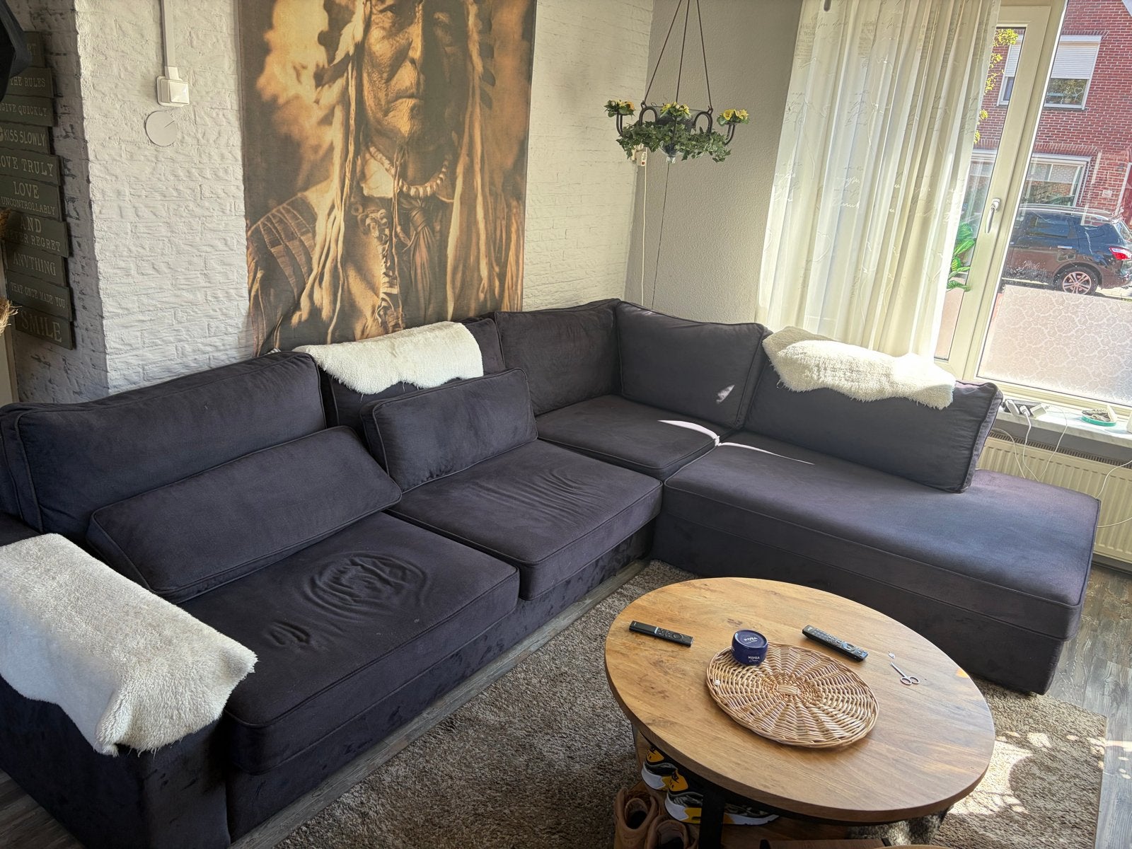 Grote donkergrijze hoekbank - comfortabel en ruim, Ophalen, 250 tot 300 cm, Gebruikt, 100 tot 125 cm