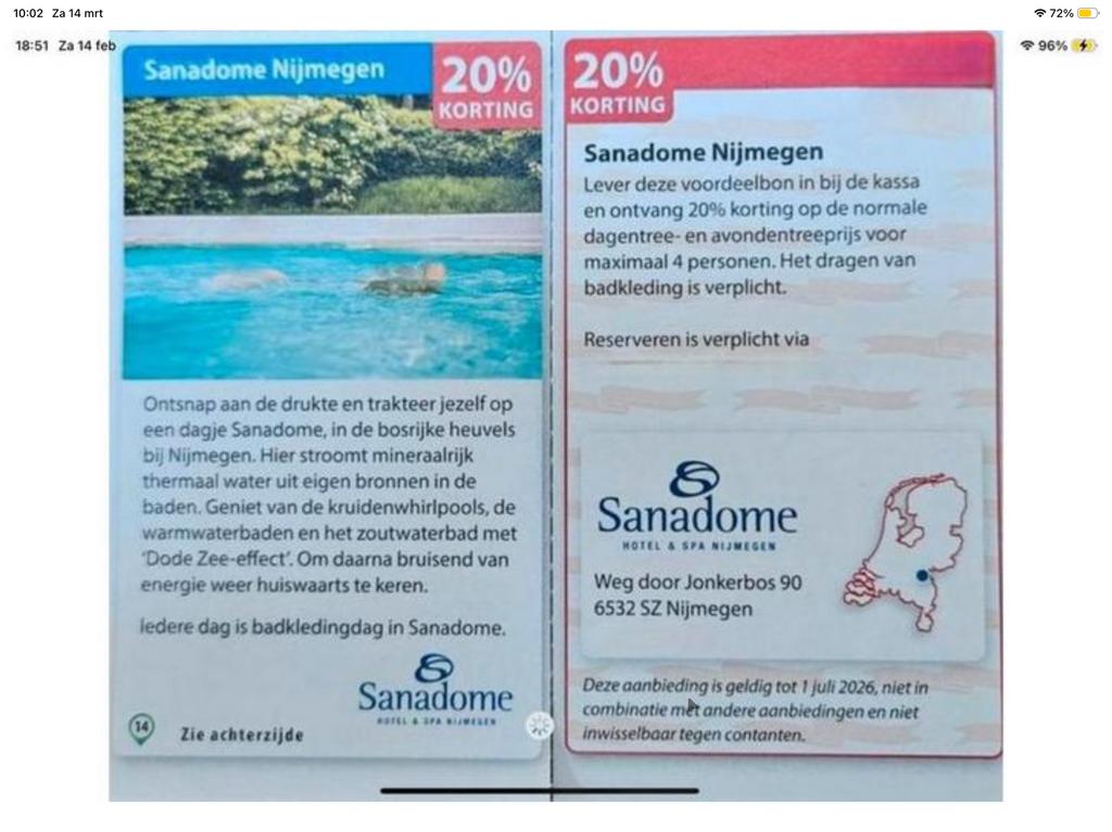 Kortingsbon voor sauna Sanadome Nijmegen (KWF), Tickets en Kaartjes, Kortingen en Cadeaubonnen, Drie personen of meer, Spa of Sauna