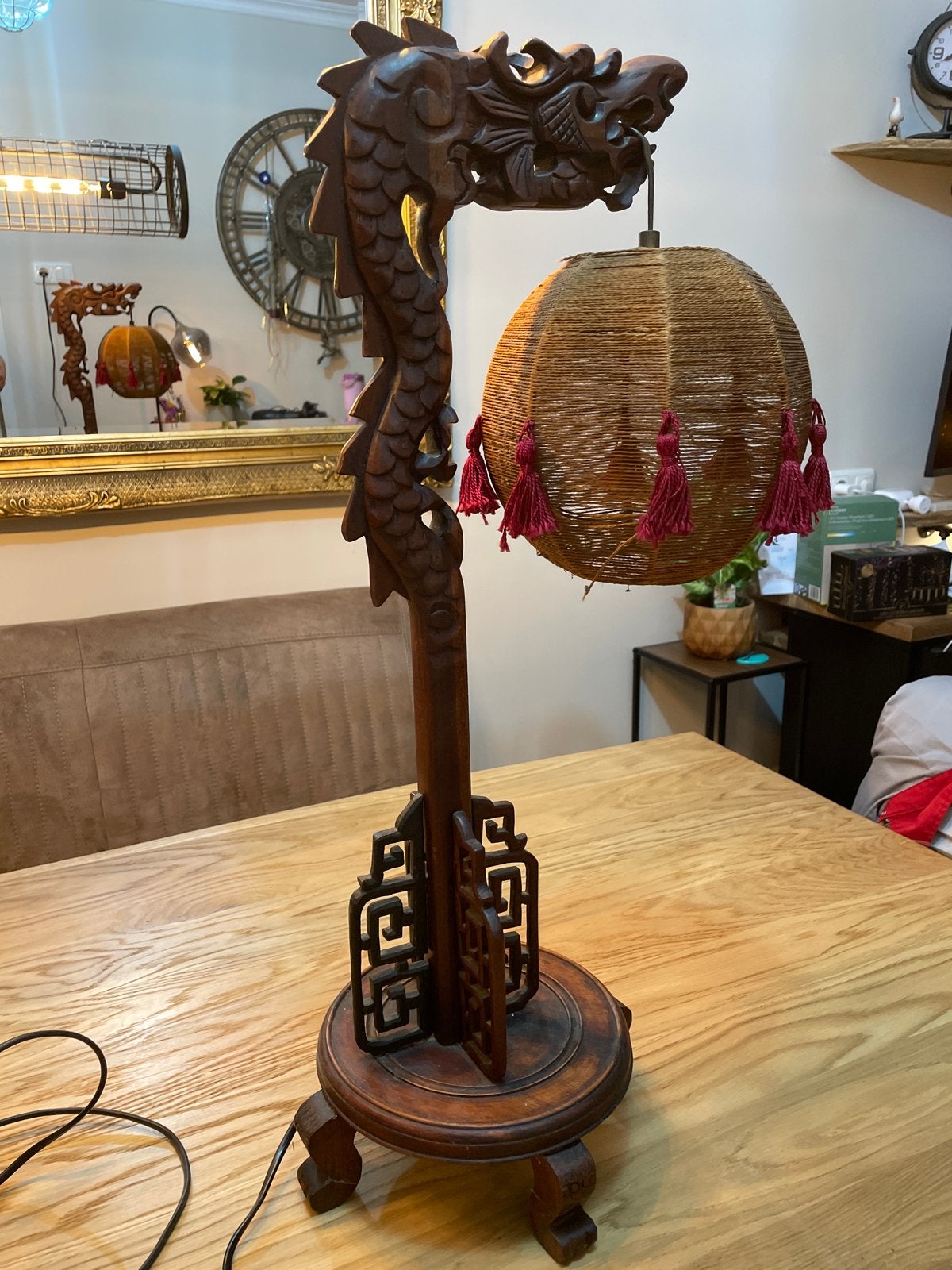 Antieke Chinese drakenlamp uit 1920, prachtig houtsnijwerk, Ophalen of Verzenden