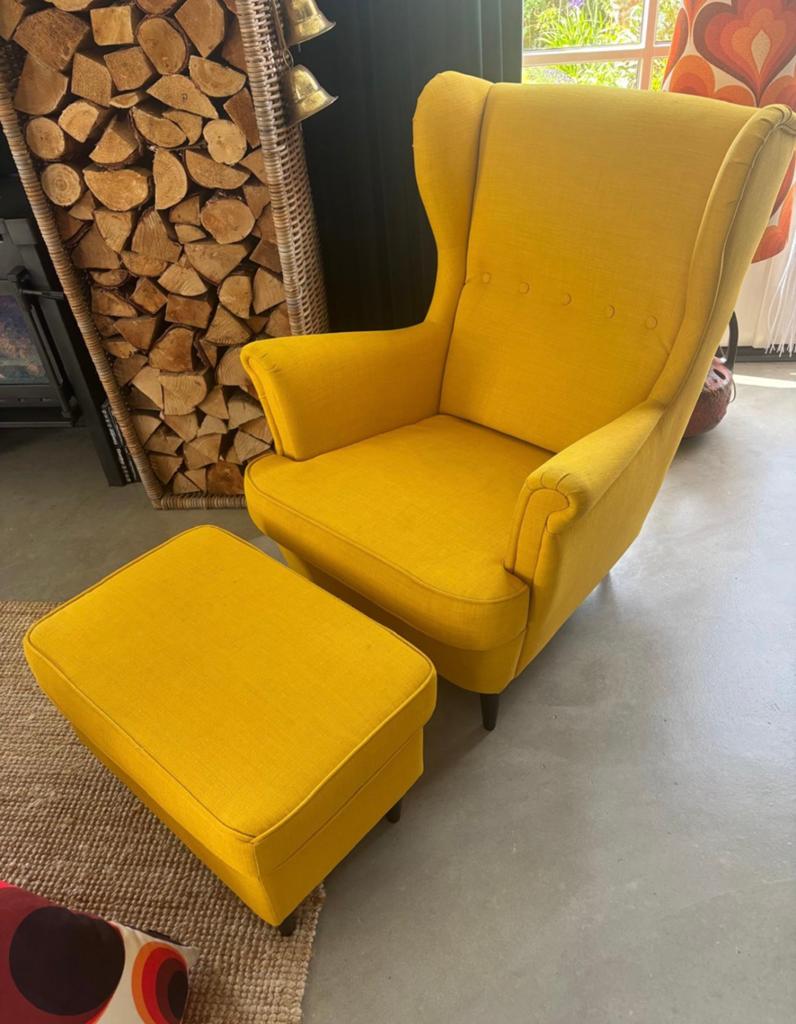 Strandmon relax fauteuil en  hocker, vsn Ikea, Eenpersoons, 75 tot 100 cm, Ophalen of Verzenden, Zo goed als nieuw