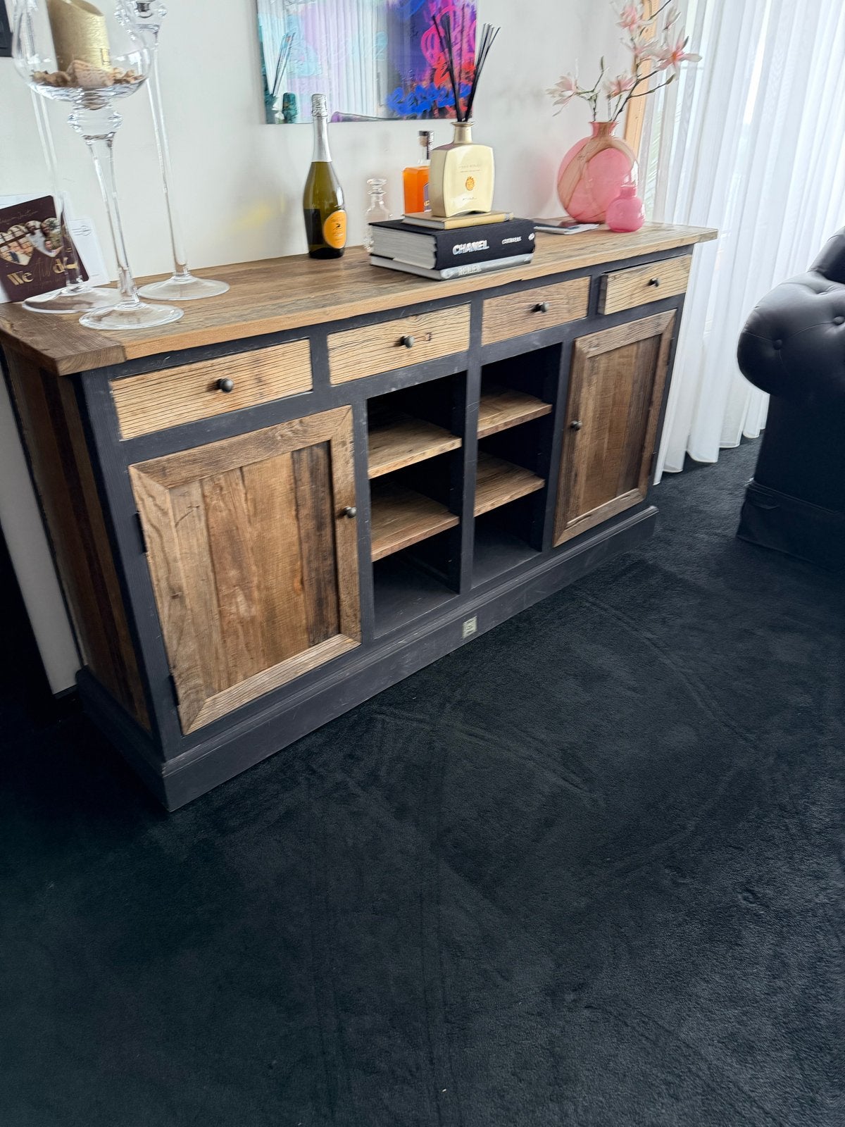 Riviera Maison Dressoir - Zwart (terug te verven naar wit), Huis en Inrichting, Ophalen, Gebruikt, 150 tot 200 cm, Met lade(s)