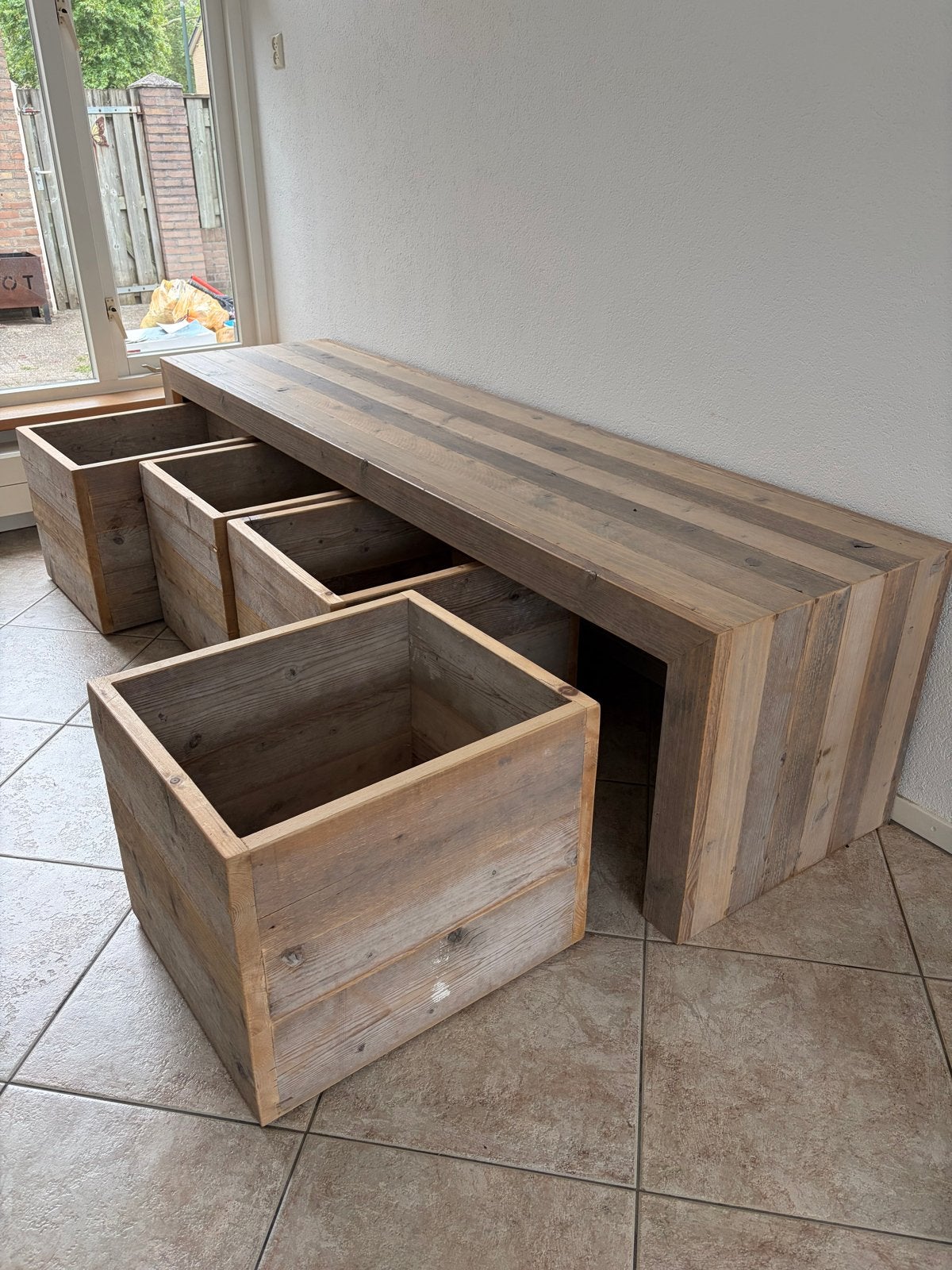 Steigerhouten opbergkast - 240 cm lang, Huis en Inrichting, Kasten | Kledingkasten, Ophalen, Met plank(en), Gebruikt, 100 tot 150 cm