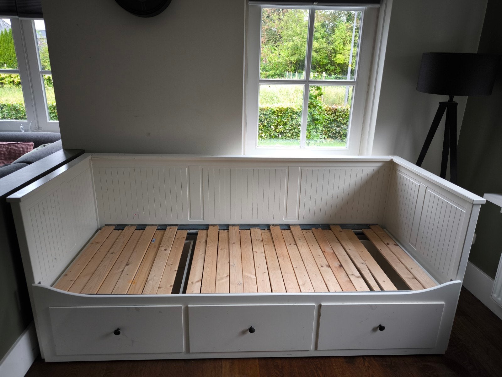 Wit houten Hemnes bedbank met 3 opberglades, Gebruikt, 90 cm, Eenpersoons, Wit