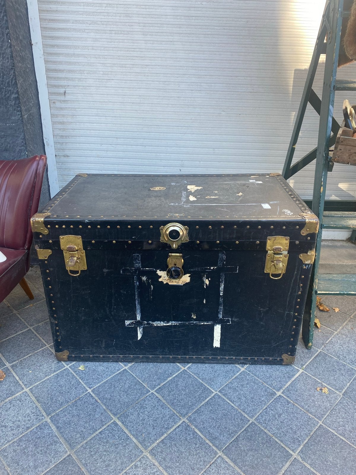 Antieke Overland Trunk reiskoffer, zwart met messing, Ophalen of Verzenden