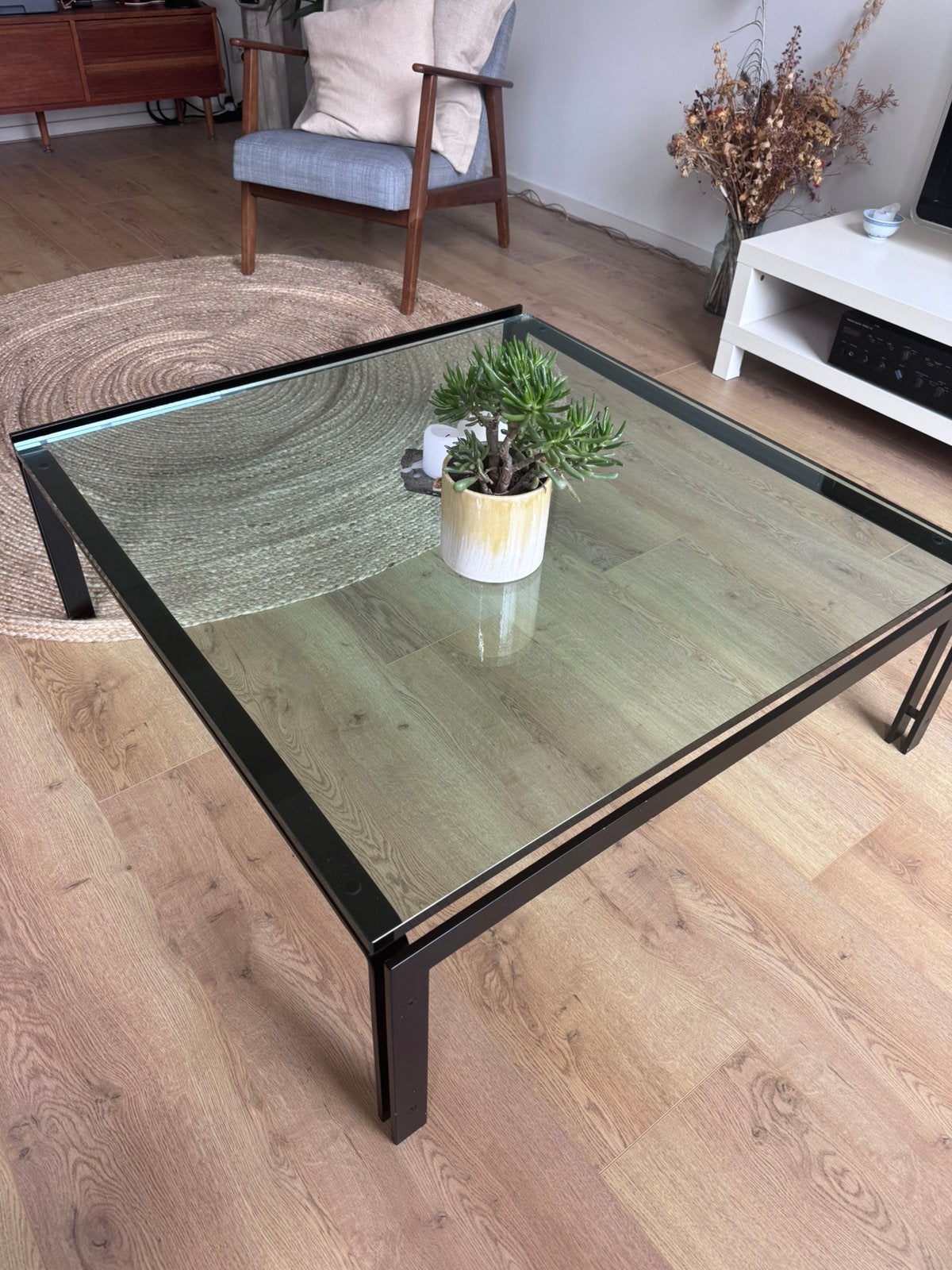 Grote design salontafel 110x110 cm – zwaar glas & staal, Ophalen, 100 tot 150 cm, 50 tot 100 cm, Rechthoekig