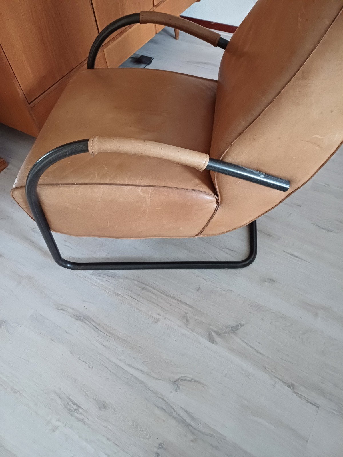 Cognac Leren Fauteuil met Lichte Gebruikerssporen, Ophalen, Gebruikt, Leer
