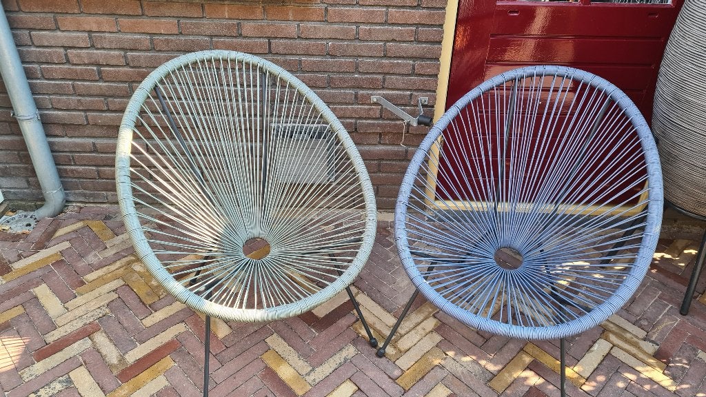 2 lounge stoeltjes, maan model. Staat en polyrotan, Tuin en Terras, Ophalen, Zo goed als nieuw, Wicker