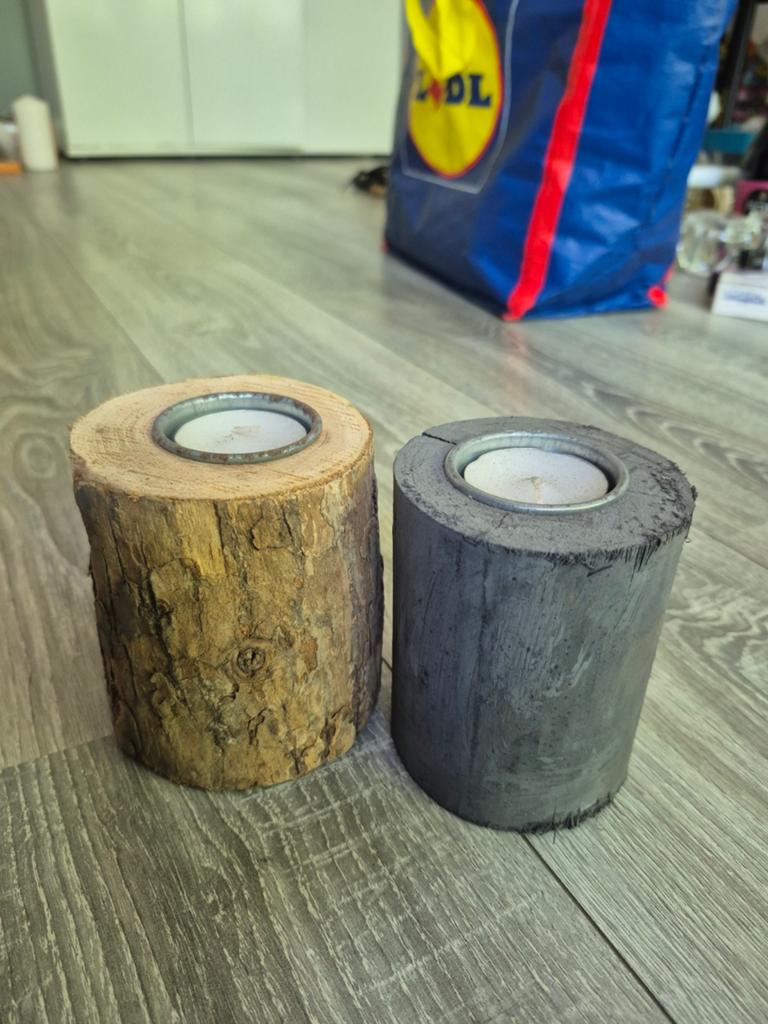 Unieke houten en betonnen theelichthouders, Huis en Inrichting, Woonaccessoires | Kandelaars en Kaarsen, Gebruikt, Grijs, Ophalen of Verzenden