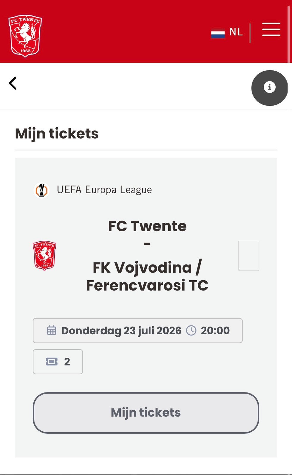 1 ticket FC Twente - Ferencvaros vak 318, Losse kaart, Eén persoon, Juli, Europa of Champions League