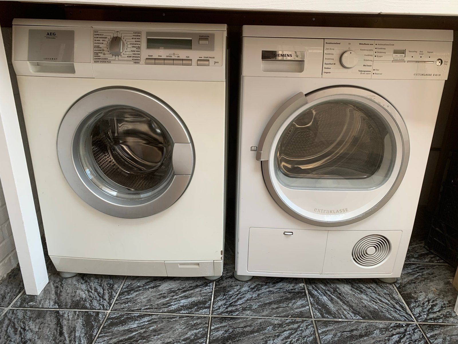 AEG Lavamat wasmachine en Siemens Extraklasse droger, Witgoed en Apparatuur, Wasmachines, Ophalen, 6 tot 8 kg, Voorlader, Kort programma