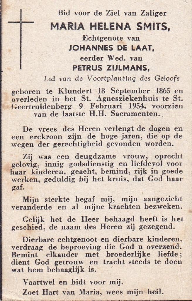 Smits Maria 1865 Klundert 1954 St. Geertruidenberg, Ophalen of Verzenden, Bidprentje