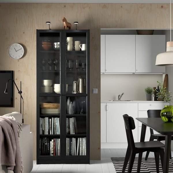 IKEA Billy Boekenkast zwart met Oxberg deuren 80x30x202 cm, Ophalen, 200 cm of meer, 50 tot 100 cm, Glas