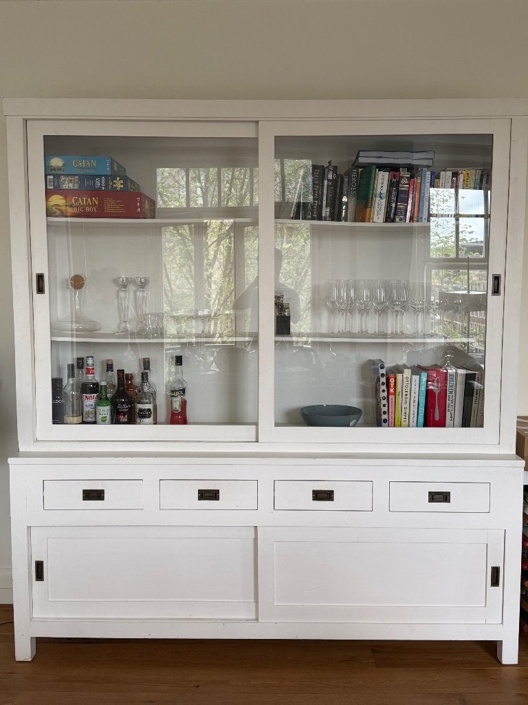 Witte houten servieskast – 200 cm breed, Ophalen, Gebruikt, Met deur(en), 200 cm of meer
