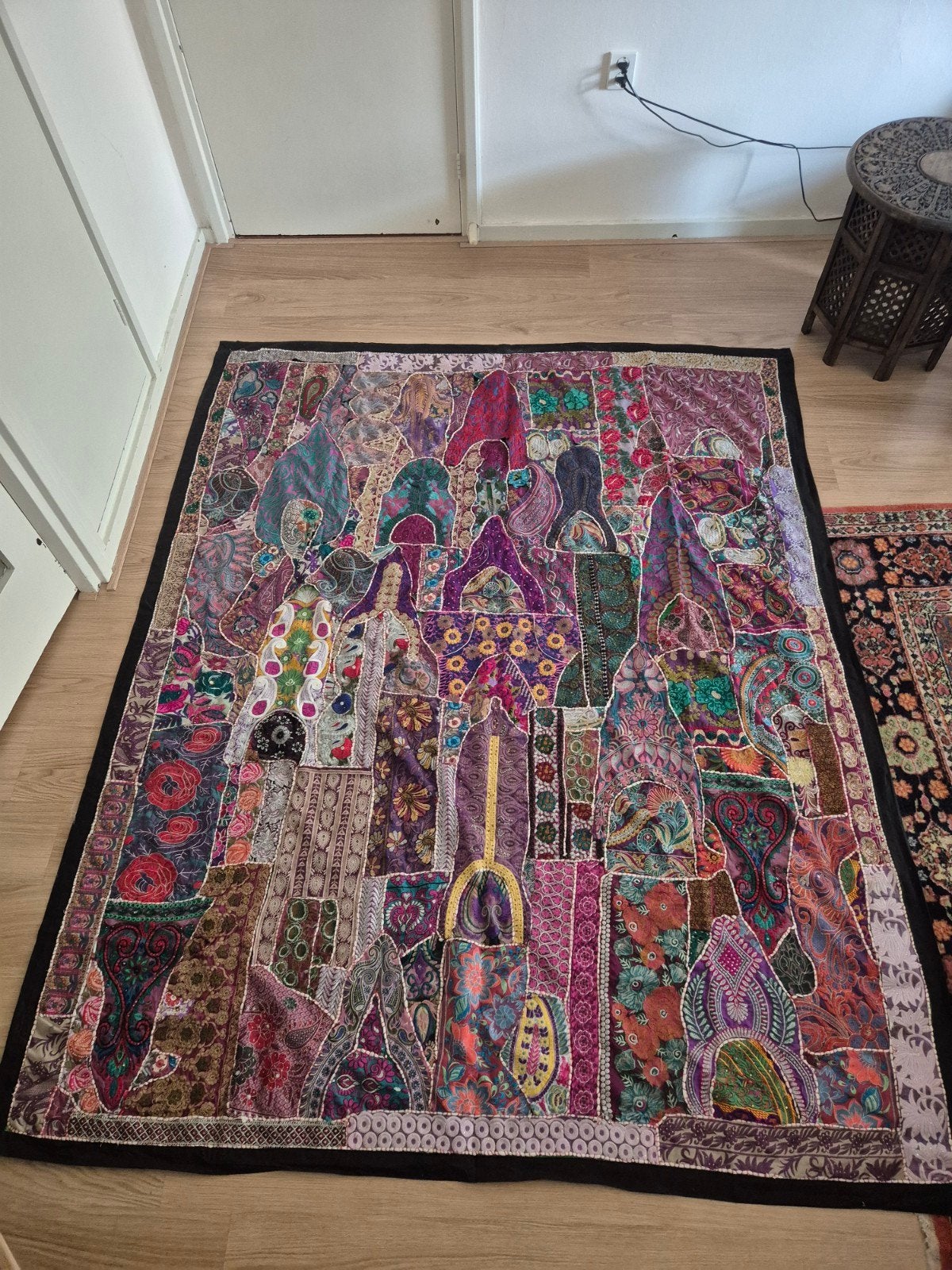Indiaas vintage tapijt met patchwork design, 150 tot 200 cm, 200 cm of meer, Ophalen of Verzenden, Patchwork, Bohemien, Etnisch