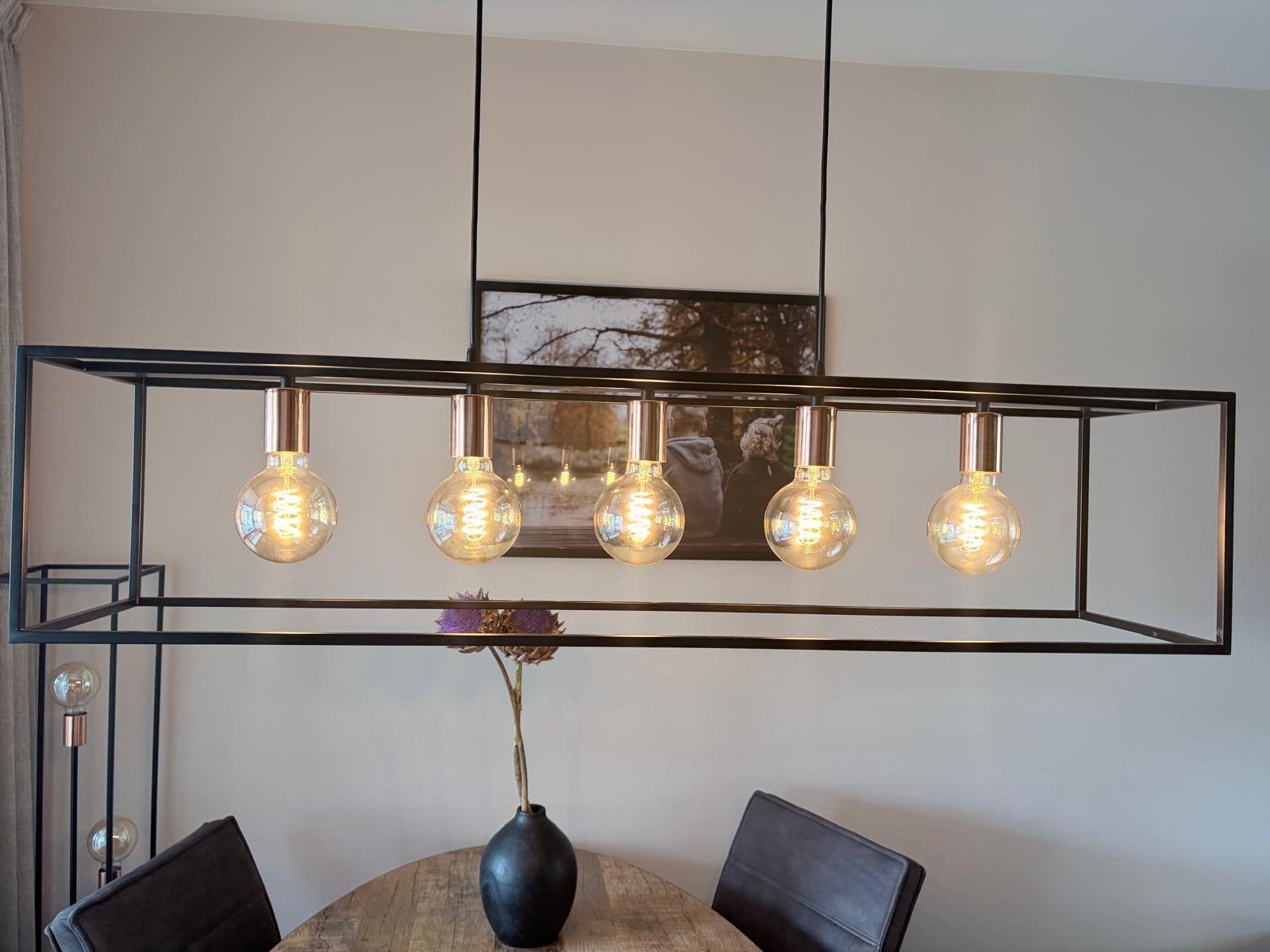 Moderne Zwarte Hanglamp met Koperen Fittingen, Ophalen, Zo goed als nieuw, Metaal, E27 (groot)