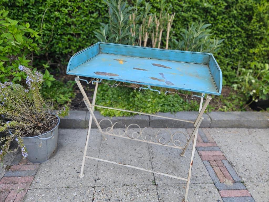 Brocante stalen bijzettafel / bartafel overkapping, Ophalen, Gebruikt, Rechthoekig, Metaal