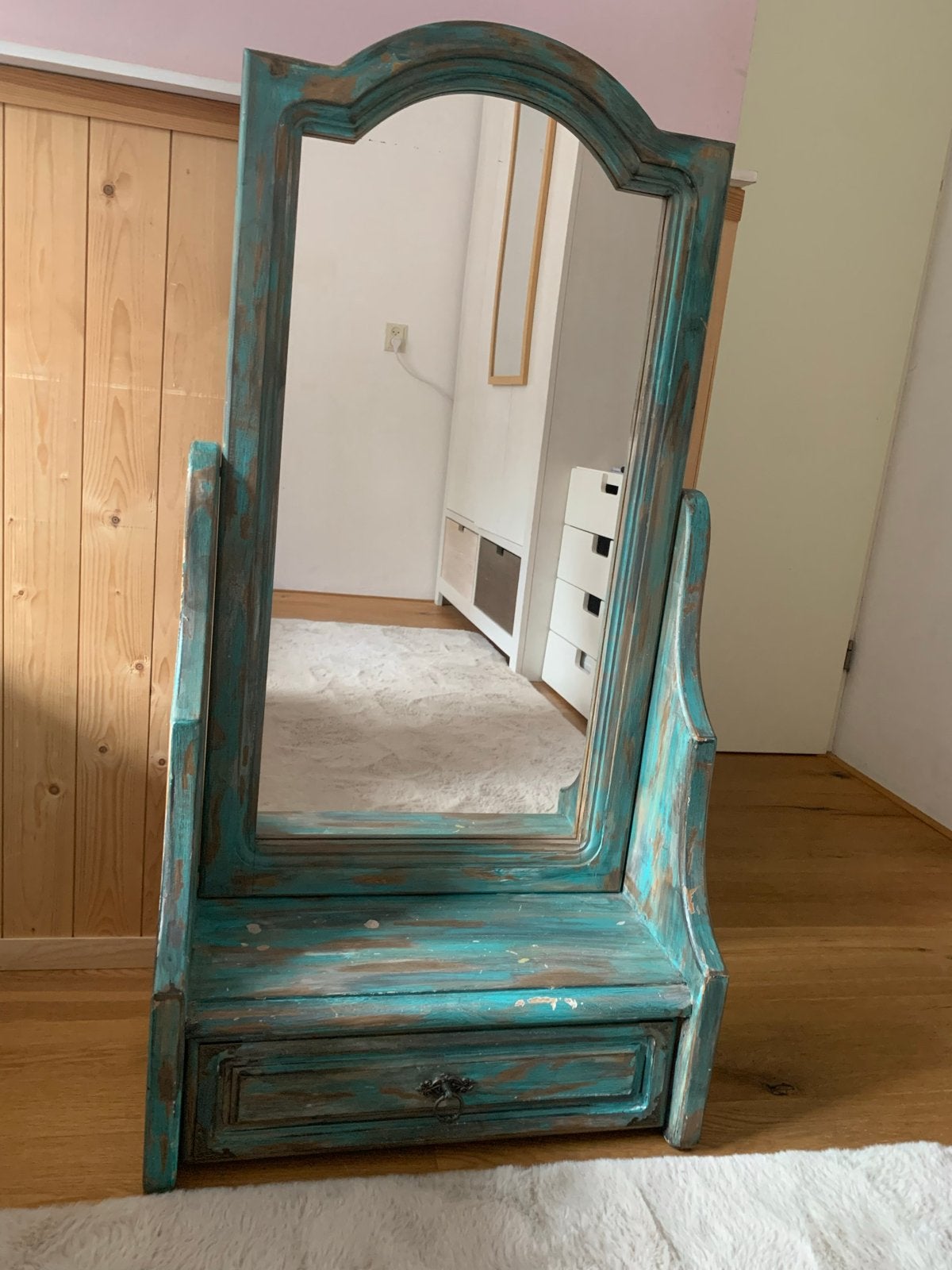 Antieke spiegel met met Lade - Turquoise Patina, Ophalen, Minder dan 50 cm, Gebruikt, 100 tot 150 cm