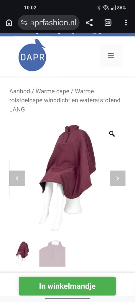 DAPR rolstoelcape / rolstoeljas, Ophalen of Verzenden, Zo goed als nieuw, Duwrolstoel