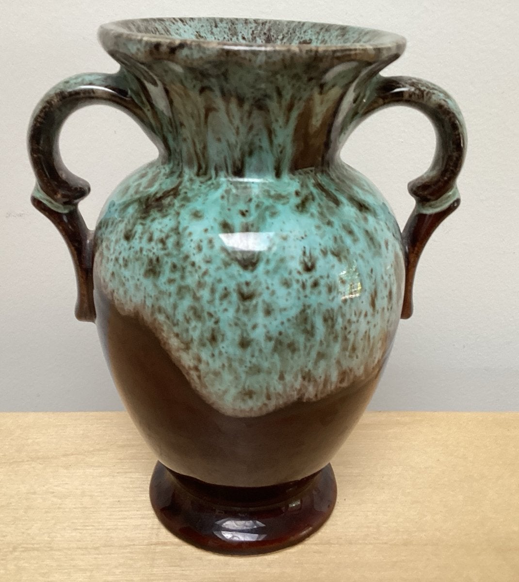 Vintage West Germany vaas met handvatten, turquoise/bruin, Ophalen of Verzenden