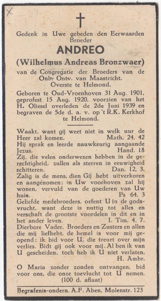 broeder Wilh. Bronzwaer 1901 Oud-Vroonhoven + 1939 Helmond, Verzenden