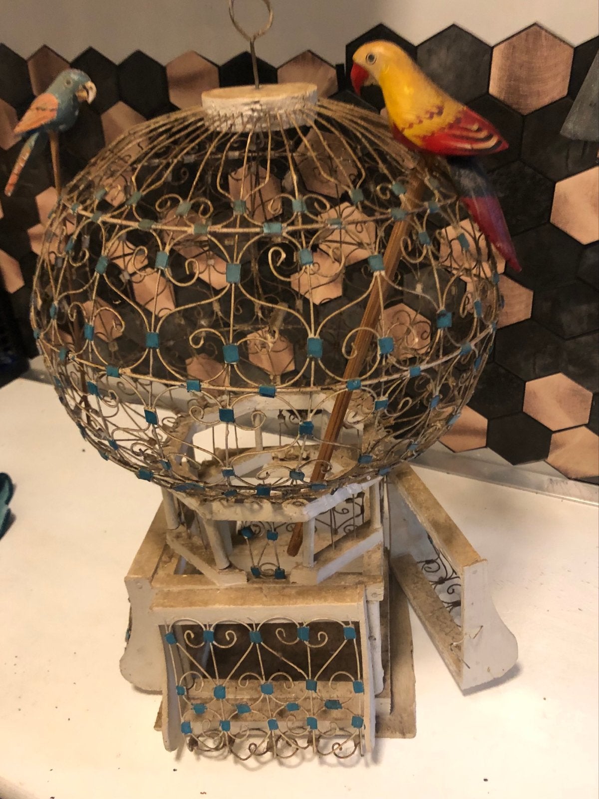 Antieke vogelkooi met loden en houten vogels - Jaren '60 dec, Ophalen