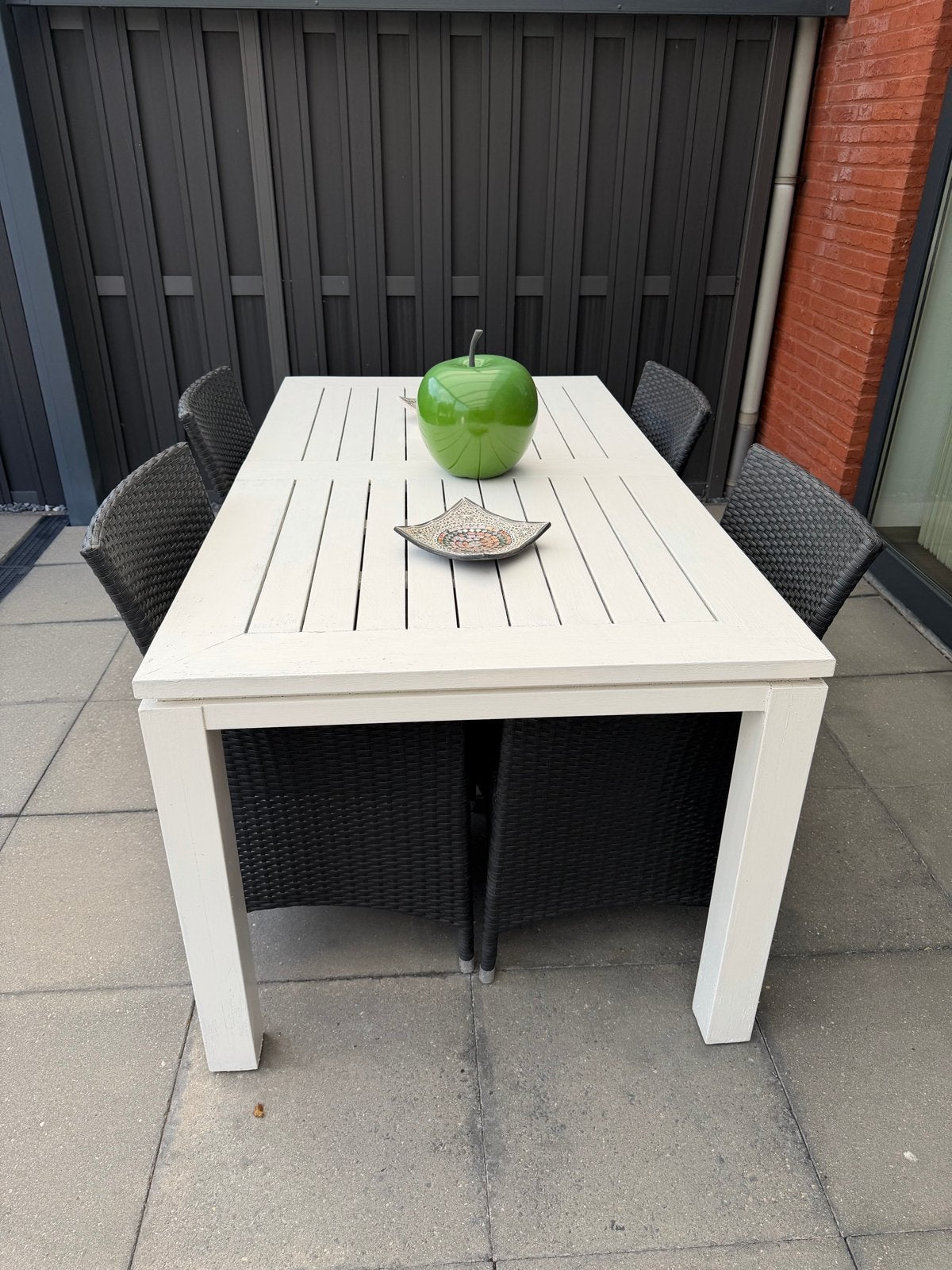 Witte tuintafel met 4 wicker stoelen, Ophalen, Gebruikt, Rechthoekig, Hout