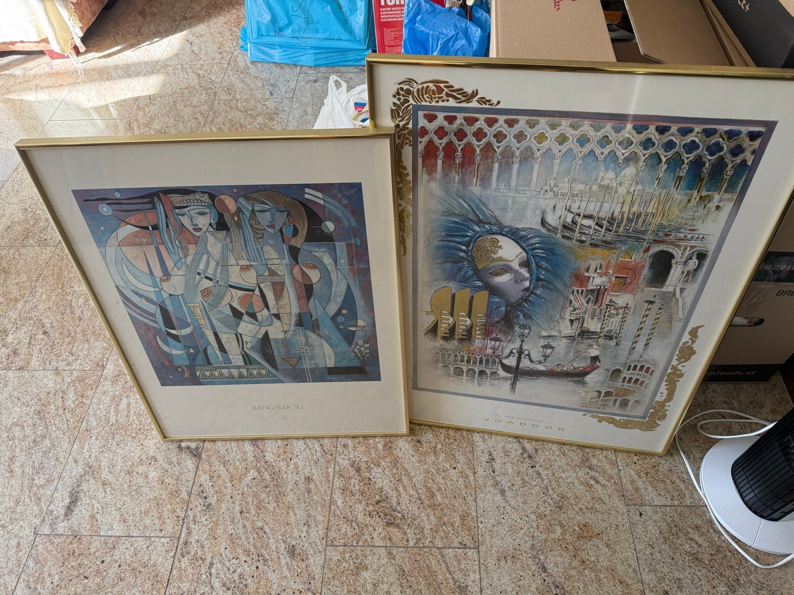 Twee ingelijste kunstprints: Venetië en abstracte figuren, Ophalen, Abstract, Gesigneerd, Print