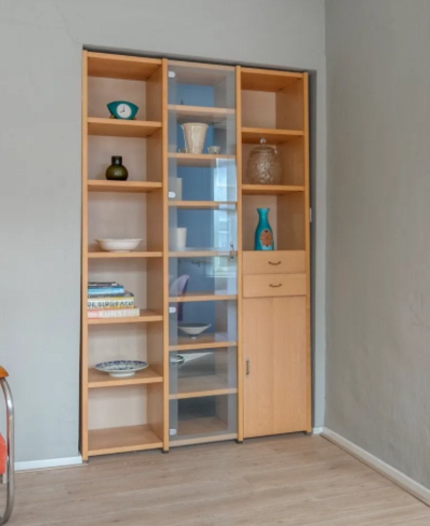 Gratis af te halen - boekenkast met vitrine en lades, Ophalen, Gebruikt, 100 tot 150 cm, 200 cm of meer