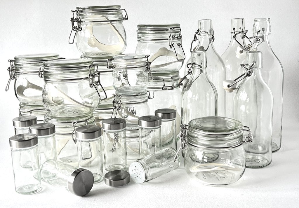 Diverse glazen potten en flessen met deksels, Huis en Inrichting, Met deksel, Pot, Bus of Blik, Nieuw, Ophalen of Verzenden
